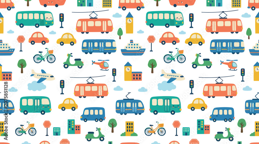 Fototapeta premium Cute Flat Cartoon Vehicles Seamless Pattern. Urban Transportation Background with City Cars, Buses, Trains, Airplanes.