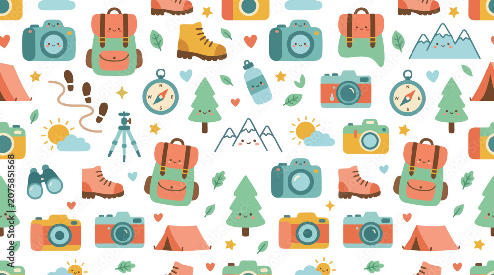 Fototapeta premium Cute Flat Cartoon Seamless Pattern: Outdoor Adventure, Camping Hiking Gear, Travel Nature Elements