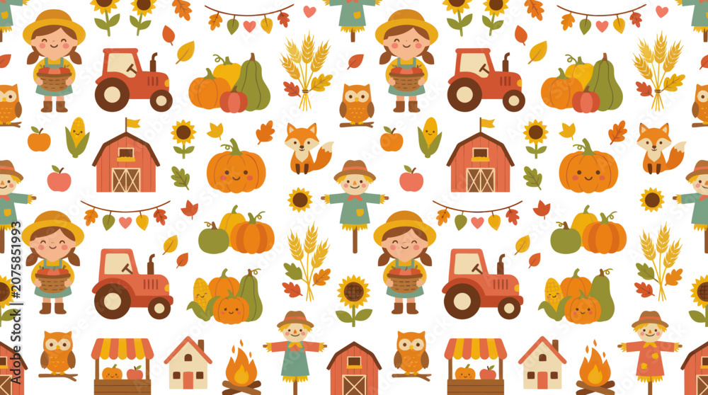 Fototapeta premium Cute Cartoon Autumn Harvest Seamless Pattern with Farm Life Elements, Kids, Tractors