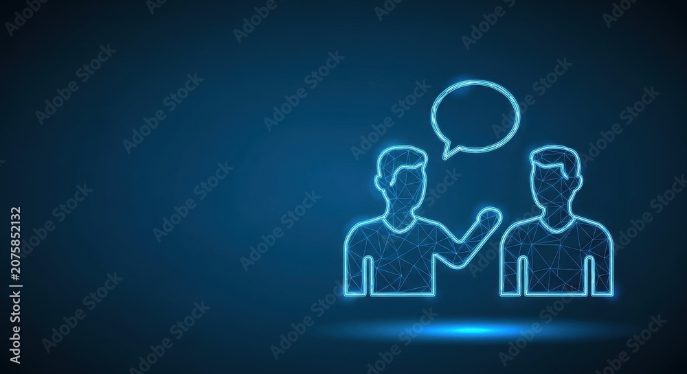 Fototapeta premium Two outline figures in digital conversation with speech bubble, symbolizing communication and connection