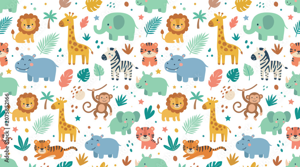 Naklejka premium Cute Jungle Animals Pattern, Flat Design, Vector Illustration for Kids