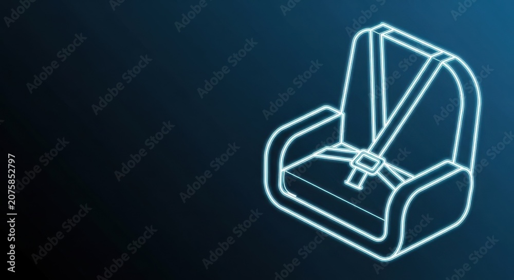 Fototapeta premium Glowing neon outline of a child car seat with safety straps on a dark blue background, representing safety and transport