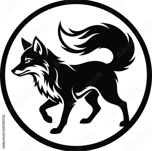 Wild Fox Black Silhouette Circular Emblem Vector Icon with Fluffy Curved Tail for Nature Wildlife Branding, Forest Adventure Badges, and Corporate Team Logos