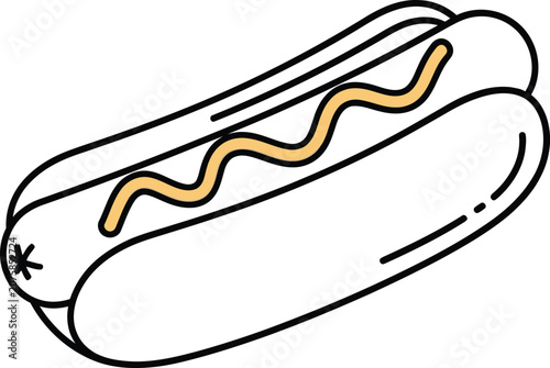 Hot dog with mustard squiggle in a bun during a simple studio setting