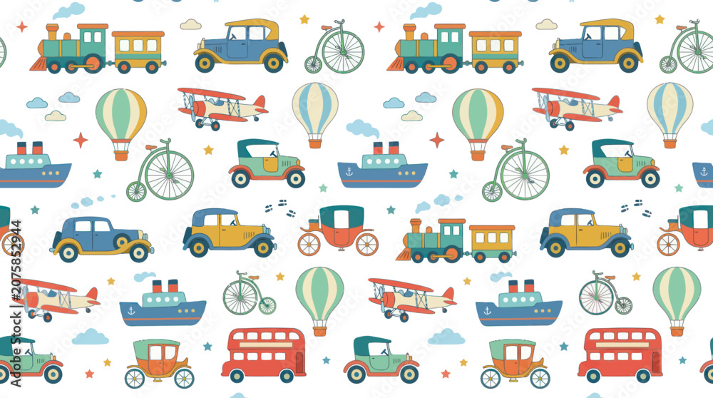 Naklejka premium Cute Flat Design Transportation Vehicles Seamless Pattern for Kids with Vintage Cars, Trains, Airplanes, Boats.
