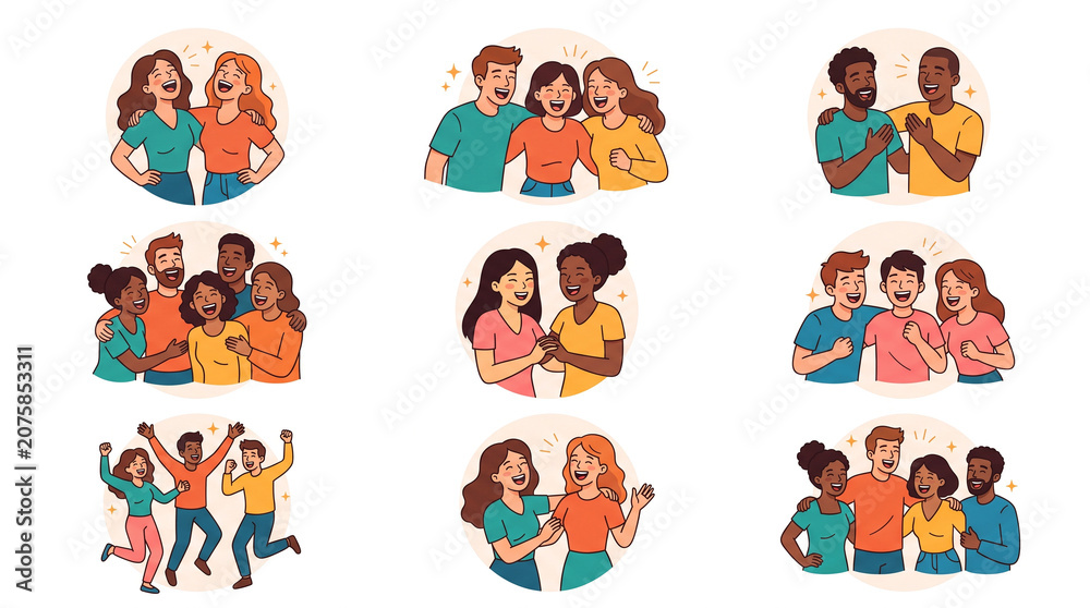 Fototapeta premium Diverse group of friends laughing and hugging, celebrating connection and mental well-being at work