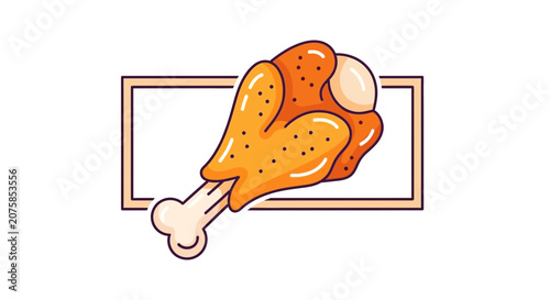 Crispy Fried Chicken Leg with Bone in Square Frame, Delicious Fast Food Icon