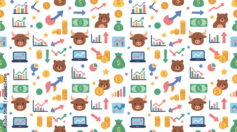 Fototapeta premium Stock Market Bull and Bear Financial Pattern with Business Growth and Investment Flat Design Icons