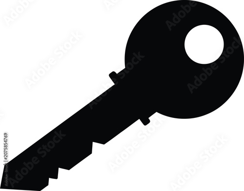 Single black key silhouette on white background representing access or solution