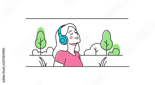 Woman Enjoying Music with Headphones Outdoors, Peaceful Moment, Nature Background