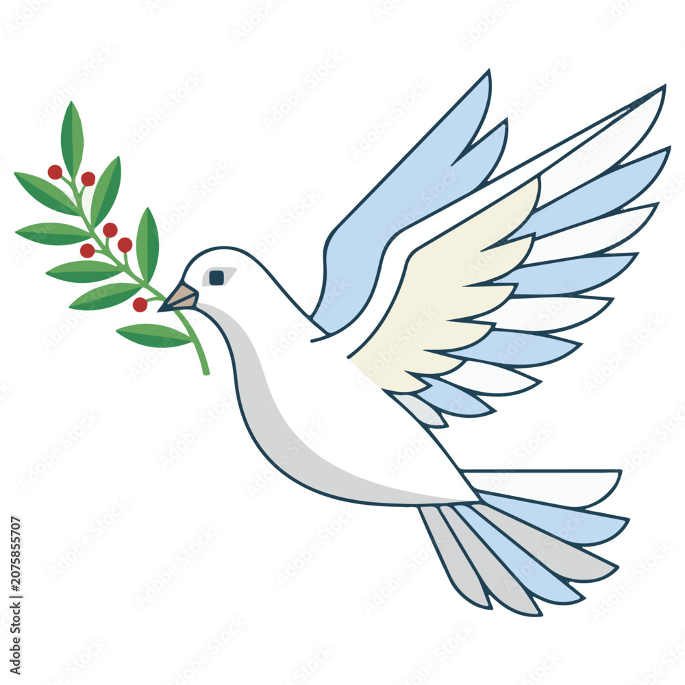 Obraz premium White dove flying with olive branch symbol of peace bird art illustration isolated feathers