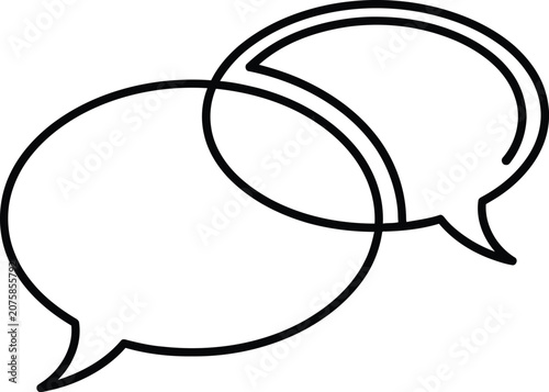 Two speech bubbles overlapping with clean lines against a white background symbolizing communication and dialogue