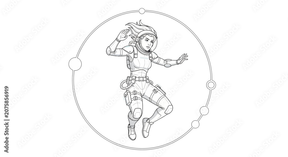 Fototapeta premium Astronaut Woman Floating in Space, Sci-Fi Character, Futuristic Design, Cosmic Art
