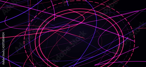 Purple pink neon orbital circle dashed line texture. Dark glowing chaotic geometric intersection, modern abstract scifi mood. Striking presentation background, tech promo banner. 3d render.