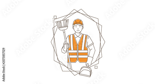Construction worker with broom and dustpan, safety vest, hard hat, geometric frame