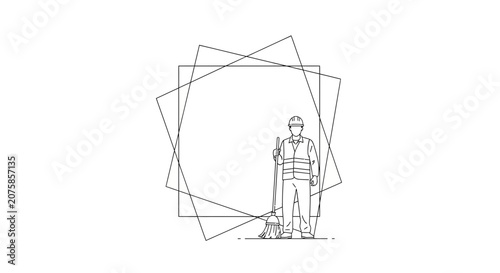 Construction worker with broom and geometric frame, minimalist line art