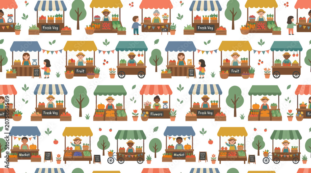 Naklejka premium Cute Flat Illustration Seamless Pattern of Farmers Market Stalls with Vendors, Customers, Fruits, and Vegetables