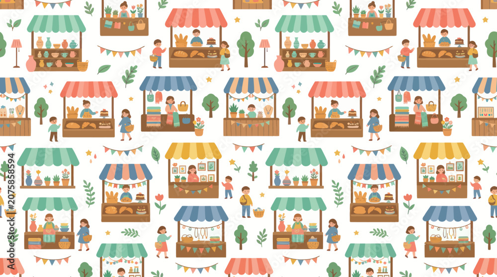 Naklejka premium Vibrant Flat Illustration Seamless Pattern of a Lively Local Market with Diverse Stalls, Vendors, and Shoppers