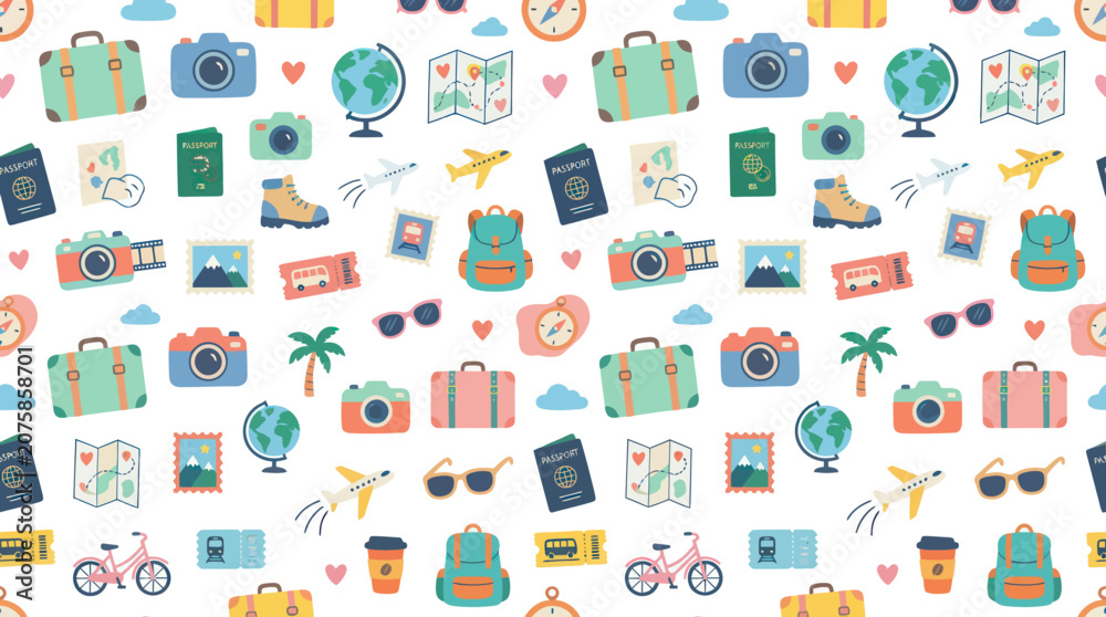 Fototapeta premium Colorful Flat Design Travel and Tourism Vector Seamless Pattern with Vacation Journey and Adventure Icons