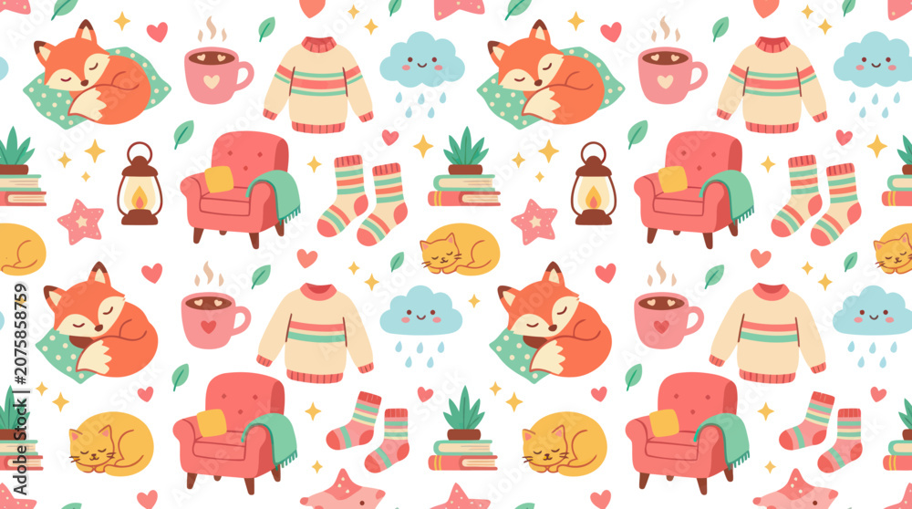 Fototapeta premium Cozy Autumn Pattern: Sleeping Foxes, Cats, Sweaters, Tea, Armchairs, Socks