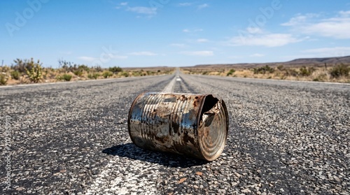 Procrastination Concept, Dented Tin Can Resting on a Long Empty Asphalt Road