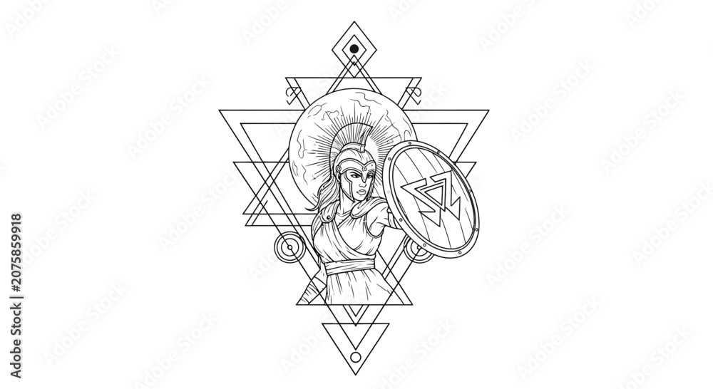 Fototapeta premium Geometric Spartan Warrior with Shield and Helmet, Sacred Geometry Symbolism