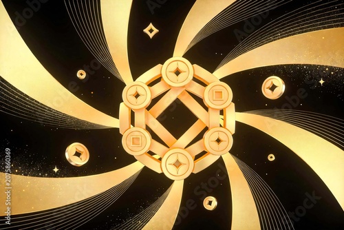 Golden Chinese Knot Coin Ornament On Swirl Black Background