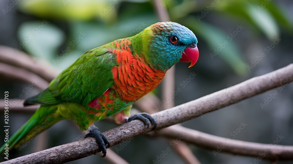 Obraz premium A colorful parrot is dynamically perched on a branch showcasing intricate patterns and rich colors that convey warmth and comfort