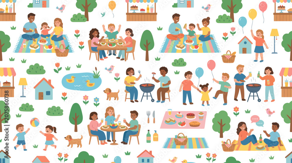 Naklejka premium Flat Vector Illustration of Family Picnics and Outdoor Summer Fun: BBQ, Children Play, Park Leisure Seamless Pattern