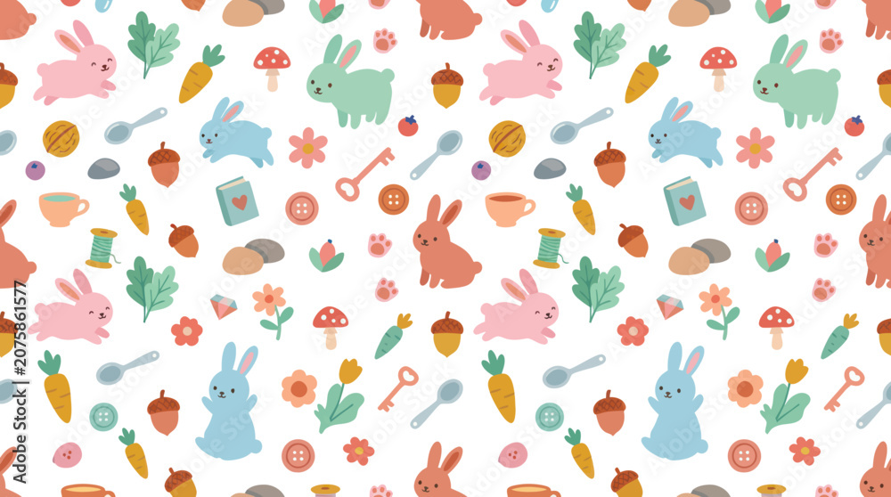 Obraz premium Cute Easter Bunny Rabbit Carrot Flower Mushroom Seamless Pattern Flat Art