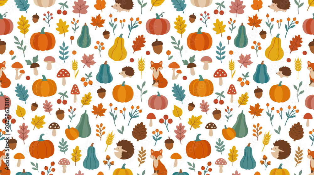 Fototapeta premium Autumn Seamless Pattern with Pumpkins, Leaves, Foxes, Hedgehogs, Mushrooms, Acorns, Fall Theme