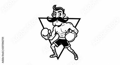 Retro Boxer with Moustache and Boxing Gloves, Athletic Man, Vintage Sport Illustration