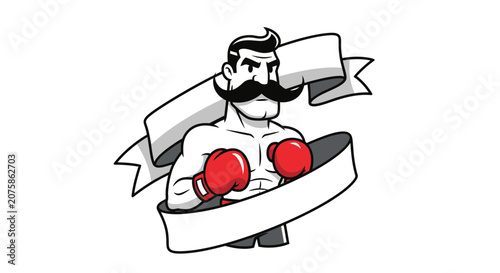 Retro Boxer with Moustache and Boxing Gloves Wrapped in Banner