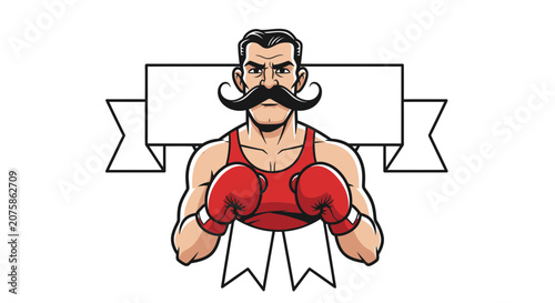 Retro Boxer with Moustache and Boxing Gloves, Vintage Sports Champion, Championship Banner