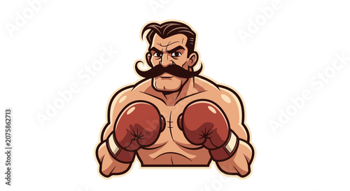 Retro Boxer with Moustache and Boxing Gloves, Vintage Sports Illustration