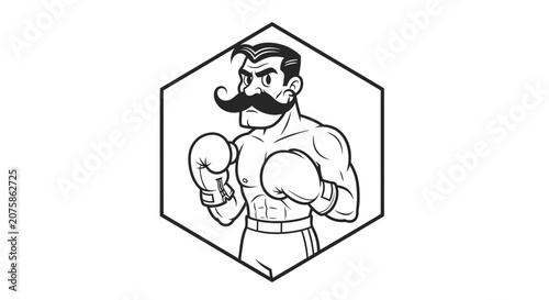 Retro Boxer with Moustache and Boxing Gloves, Vintage Style Illustration