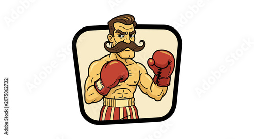 Retro Boxer with Moustache and Red Gloves, Vintage Boxing Champion, Strong Man