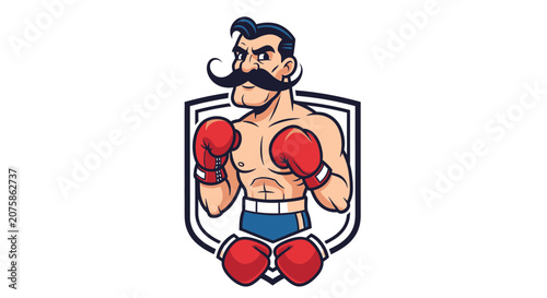 Retro Boxer with Moustache and Red Gloves, Vintage Sports Emblem