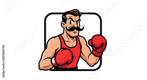 Retro Boxer with Moustache and Red Gloves, Vintage Boxing Champion Illustration