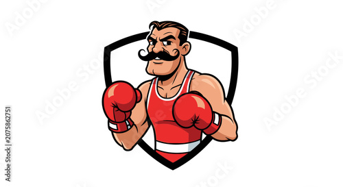 Retro Boxer with Moustache in Boxing Stance, Vintage Sports Mascot, Shield Emblem