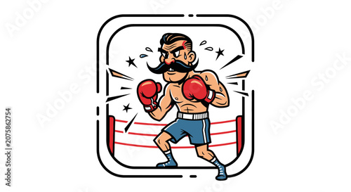 Retro Boxer with Moustache in Boxing Ring, Vintage Sports Illustration