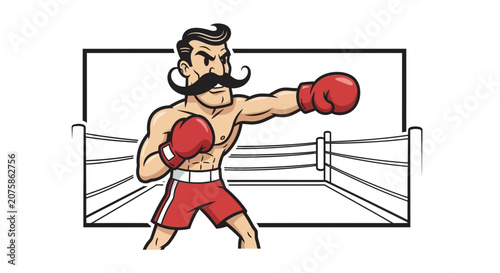 Retro Boxer with Moustache Punching in Boxing Ring