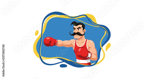 Retro Boxer with Moustache Punching in Ring, Vintage Sports Illustration