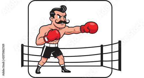 Retro Boxer with Moustache Punching in Boxing Ring