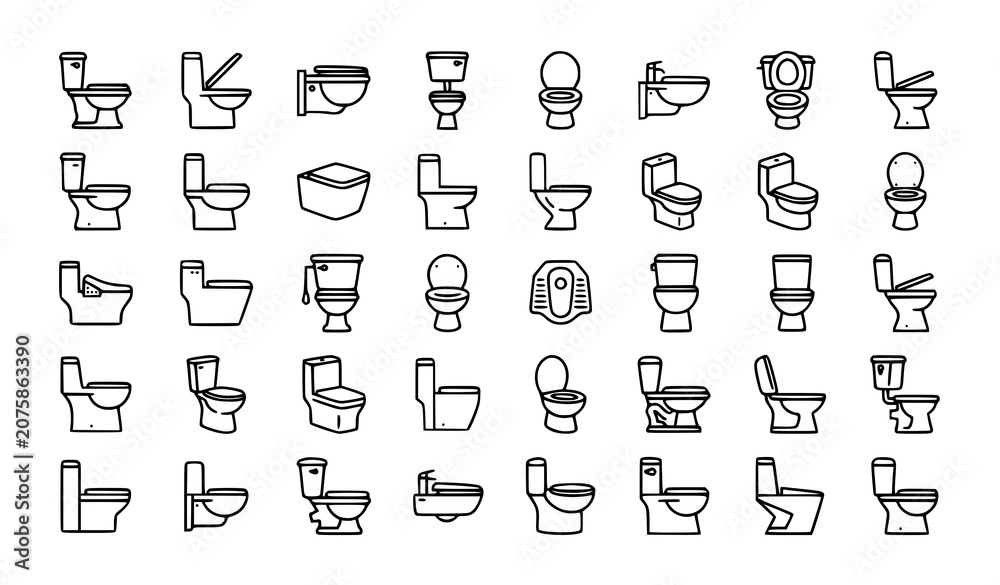 Fototapeta premium Toilet Outline Icon Set with Bathroom Fixture Vector Illustrations