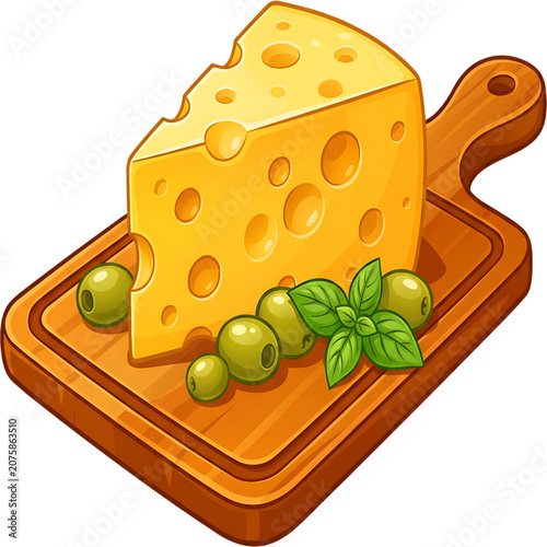 Cheese wedge on a cutting board with olives and basil