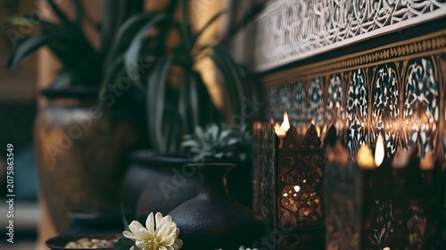 A serene and peaceful close up view of an intricate spa environment featuring rich colors and detailed patterns