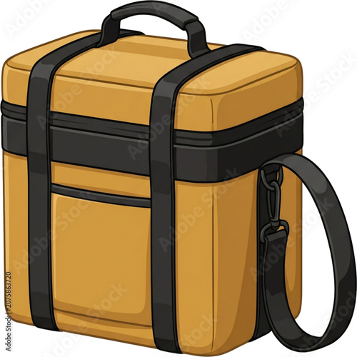 Lunch Bag Illustration: A stylized illustration of a yellow lunch bag with black straps, perfect for food delivery or packed lunches.