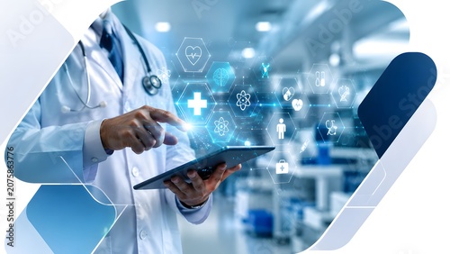 Doctor Using Tablet with Digital Health Interface in Hospital – Medical Technology, Telemedicine and Smart Healthcare Concept