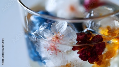 A refined chilled beverage with ice features crisp clarity and colorful motifs creating a tranquil atmosphere